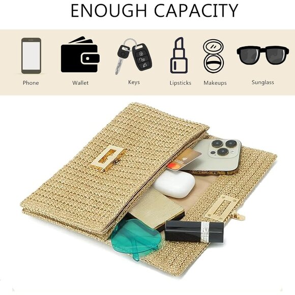 Apricot Summer Straw Clutch Women's Rattan Beach Bag with Snap Closure - Picture 4 of 8